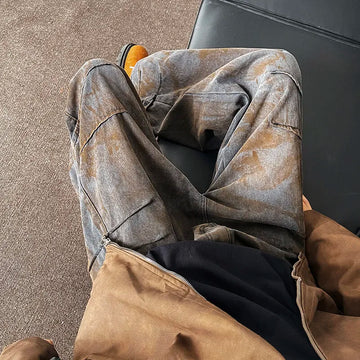 Riolio Men Straight Loose Vintage Rust Color Distressed Denim Pants Streetwear Casual  Baggy Trousers Trendy Hip Hop Floor Length Jeans